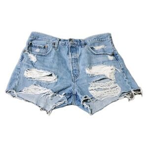 Levis 501 Shorts Womens 31 Blue Denim Cutoffs Button Fly Distressed Festival Y2K